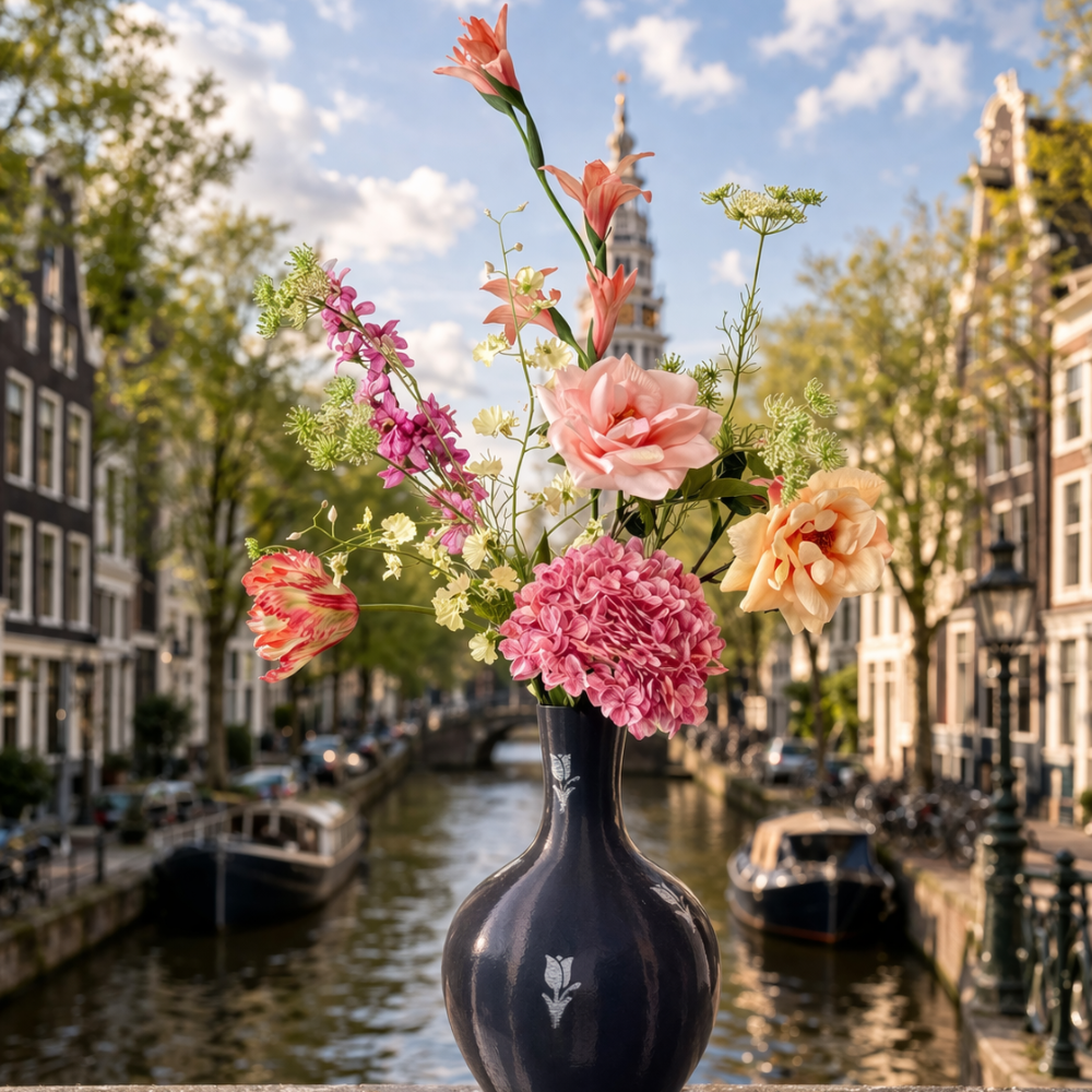 Pastel tint zijden bloemen boeket staat op de brug in Amsterdam. Kunstbloemen zonder onderhoud