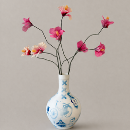 Vaas met blauwe Amsterdam print met daarin 3 hibiscus kunsttakken zijden bloemen
